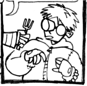 Comic extract: A confused shaggy-haired kid in goggles, a hoodie, and fingerless gloves is offered a fork from offscreen.