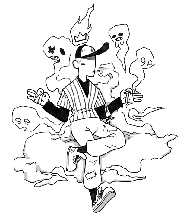 A man in a black and white baseball suit with patches on the pants and rags tied around his hands sits as if meditating. He is smoking. The smoke from the cigarette forms into ghosts behind him. Digital art, black and white, cel shaded.