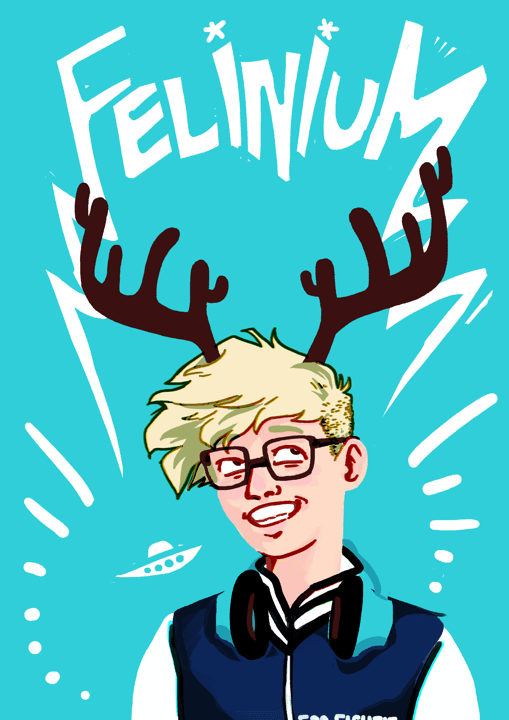 A grinning blond teenager with an undercut and glasses looks up. She has cartoon antlers and light blue headphones around her neck. Energetic white text above says Felinium. Digital art.