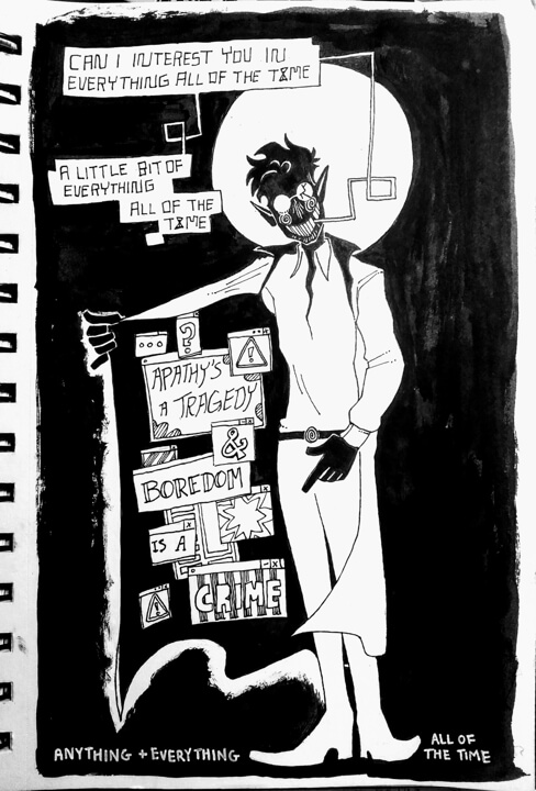 Ink drawing of a silhouette with pointy ears opening a trench coat. Inside are lyrics from Inside by Bo Burnham.