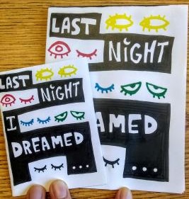 Last Night I Dreamed zine cover. Five sets of cartoon eyes peer out, drawn in yellow, red, blue, green, and black.