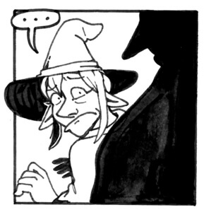 Comic extract: Taako, an elf with long hair in a wizard hat, looks over their shoulder at an approaching silhouette with exaggerated dismay.