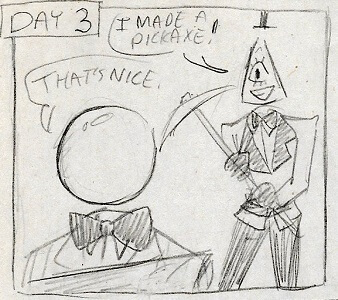 Comic exerpt: An anthropomorphic object-head Bill Cipher showing off a pickaxe to an unimpressed Doc Scratch.