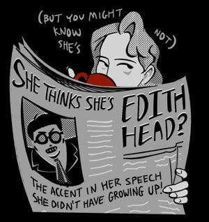 Comic extract: Lexi sips coffee skeptically behind a newspaper with York's face on it.