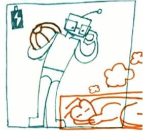 Comic extract: a happy robot and a heart-faced bug.