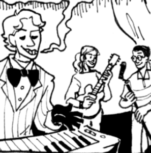 Comic extract: A man in a striped suit with blacked-out eyes grins in front of a piano keyboard. Behind him is a woman with a guitar and a man with a mic stand, conversing.