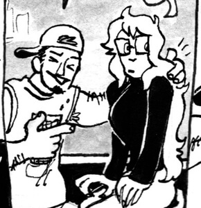 Comic extract: A frat bro type dude gesturing with a drink and grinning as he puts his hand on Knox's shoulder. Knox looks confused. Knox has large square glasses, long blonde hair, a black turtleneck and a strongly hourglass figure.