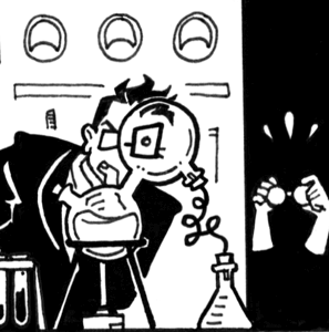 Comic extract: York peers curiously through a scientific apparatus as Xander lurks nervously in the dark.