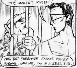 Comic extract: Woozy Winks peeks through prison bars and tells Plastic Man, 'But everyone knows you're normal.'