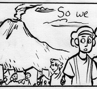 Comic excerpt: A boy in traditional Roman clothing walking away from a distant smoking mountain.