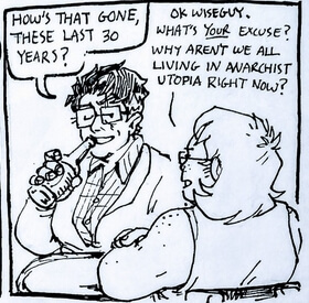 Comic extract: Two middle-aged butch women having a friendly but competitive conversation over some beers.