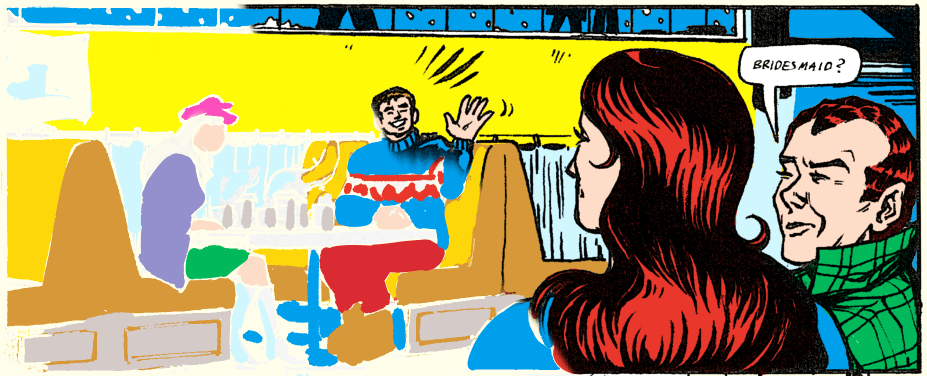 Comic panel with flat colors. Lines have been partially erased to show colors clearer.