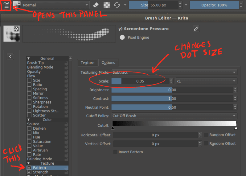 Screenshot of the Krita brush editor. The checkbox section on the left selected is Pattern. The tab selected is Options. The Scale slider controls size.