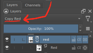 Screenshot of Krita layers panel. A folder containing layer Red has the blending mode, set with the dropdown list above, of Copy Red.