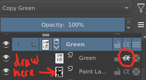 Screenshot of the layers panel. Inside a folder, the layer Green has the alpha-shaped icon to the right of the name crossed out. Below is a layer filled with screentone.