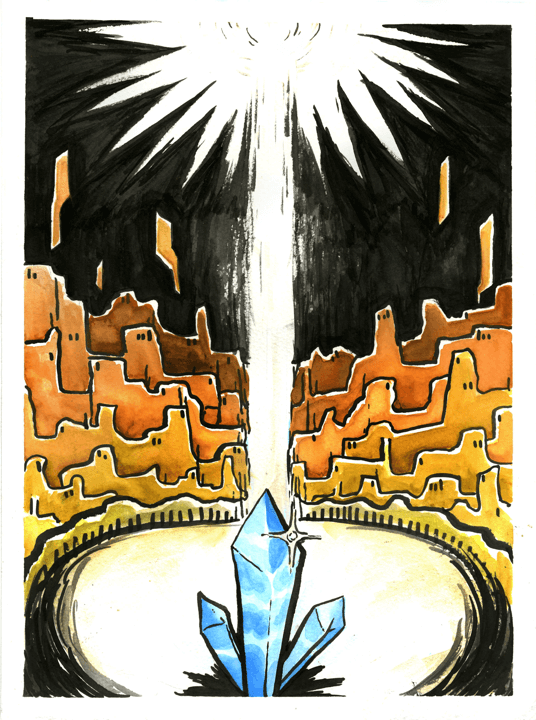 A blue crystal sends a beam of light upwards into darkness, surrounded by orange pueblo-like shapes. Ink & watercolor.