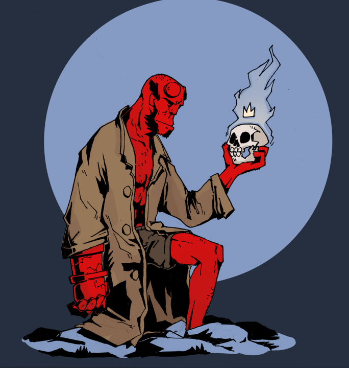 Hellboy, a red demon in a brown trench coat, looks sullenly at a skull he is holding. A ghostly flame surrounds the skull.