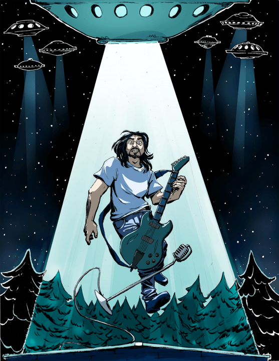 Dave Grohl looks upwards in fear as a UFO abducts him. It is night, and many other UFOs are visible in the background.