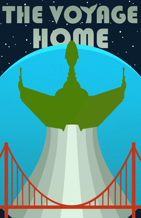 A vector poster. The outline of a Klingon ship in green flies above a stylized Golden Gate Bridge. The Y in the word Voyage is a whale tail.