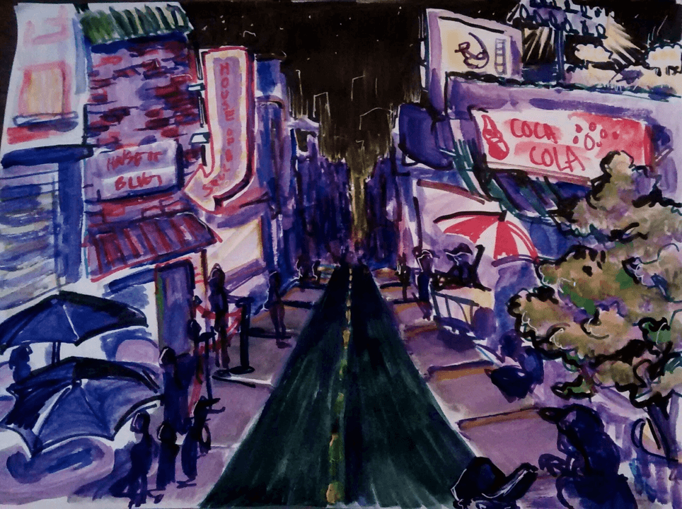 A dark city street rendered in messy paint and marker. Silhouettes mill aroud on the street under umbrellas. On the left a neon sign points to the house of blues, on the right a baseball stadium is vaguely visible.