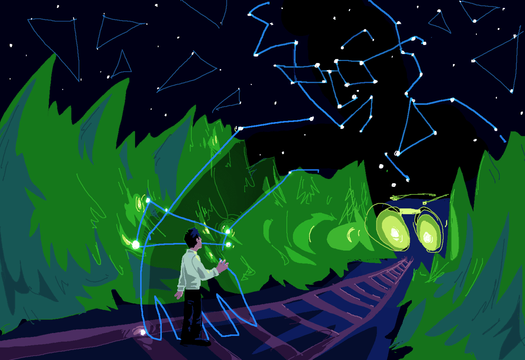 A man on train tracks at night looks up as a constellation of a man reaches down towards him. Far away, a train approaches.