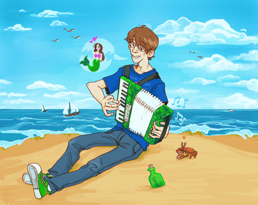 Neil Cicierega sits on the beach playing a green accordion and singing about mermaids. It is a beautiful day.