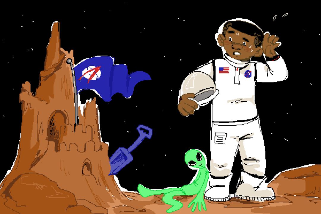 A young boy wipes his brow after finishing making a sand castle. He is imagining he is an astronaut doing this on Mars. Pixelated digital art.