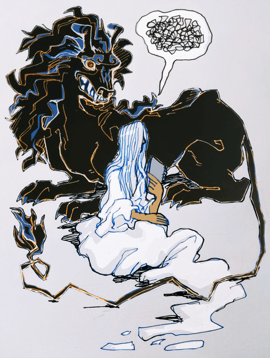 A woman with hair obscuring her face and a long gown sits in front of a large black lion. It seems to be protecting her. Pen & ink, colored digitally.