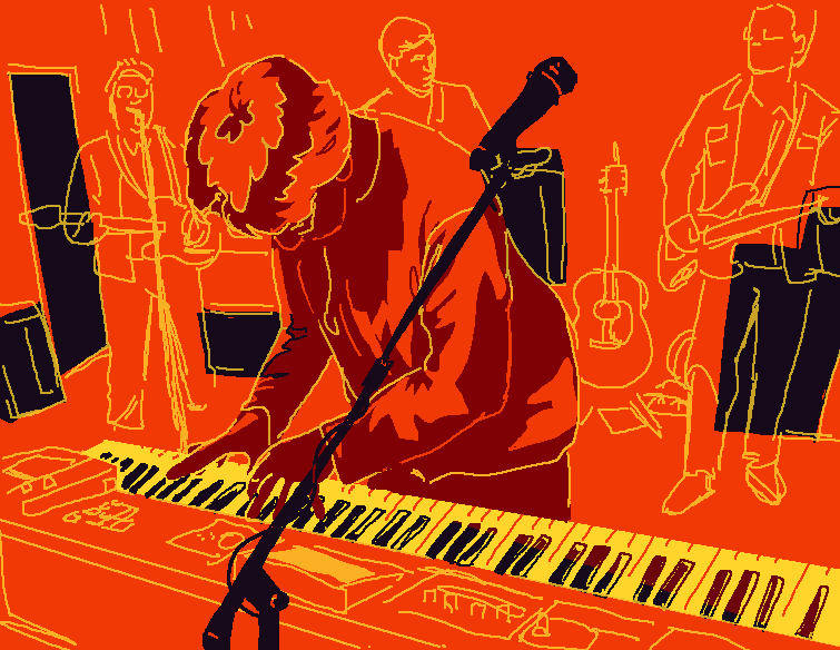 John Linnell plays keyboard, leaning over to focus on the keys. The image is in bright yellow lines on an orange background.  Pixellated digital art.
