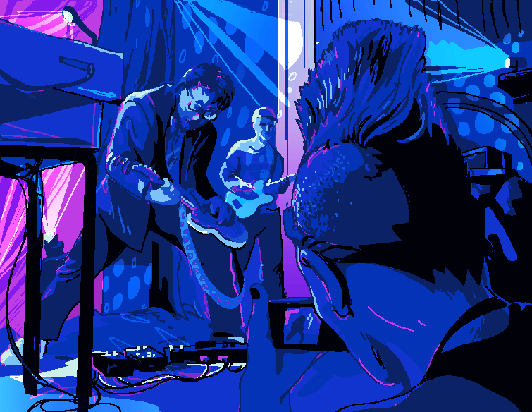 John Flansburgh leans over to play guitar. In the foreground, a person with a large mohawk takes a photo of him. The image is in black and pink on blue. Pixellated digital art.