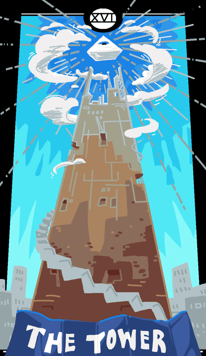 An unfinished building in shades of brown with hysically improbable stairs wrapping around it reaches upwards. At the top is a floating white pyramid with an eye, beams coming out and clouds surrounding it. A blueprint at the bottom says The Tower. A number at the top says XVI like a tarot card. Pixelated digital art.