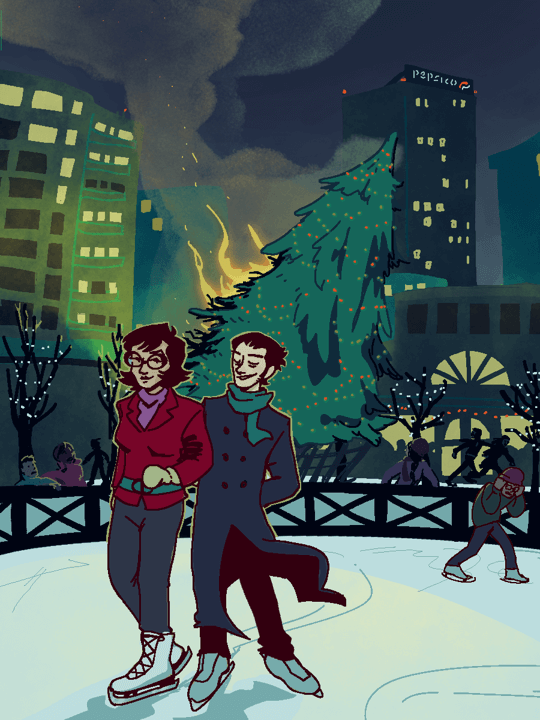 A man and a woman skate happily together in a city park at night. Behind them a massive christmas tree burns and civilians flee.