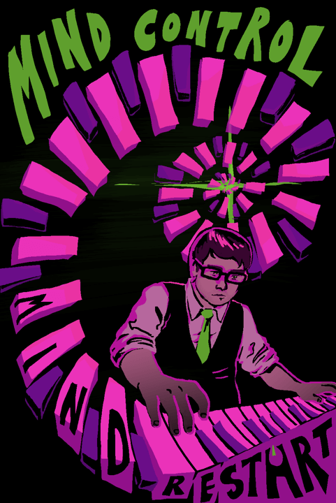 A man in a green tie plays a pink-and-purple keyboard so quickly that the keys fly off and spiral above him.