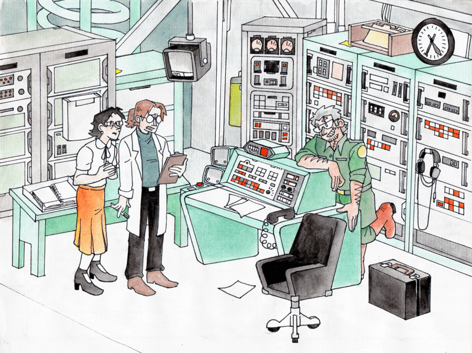 Three peope stand surrounded by complex control panels, regarding a clipboard. Watercolor.