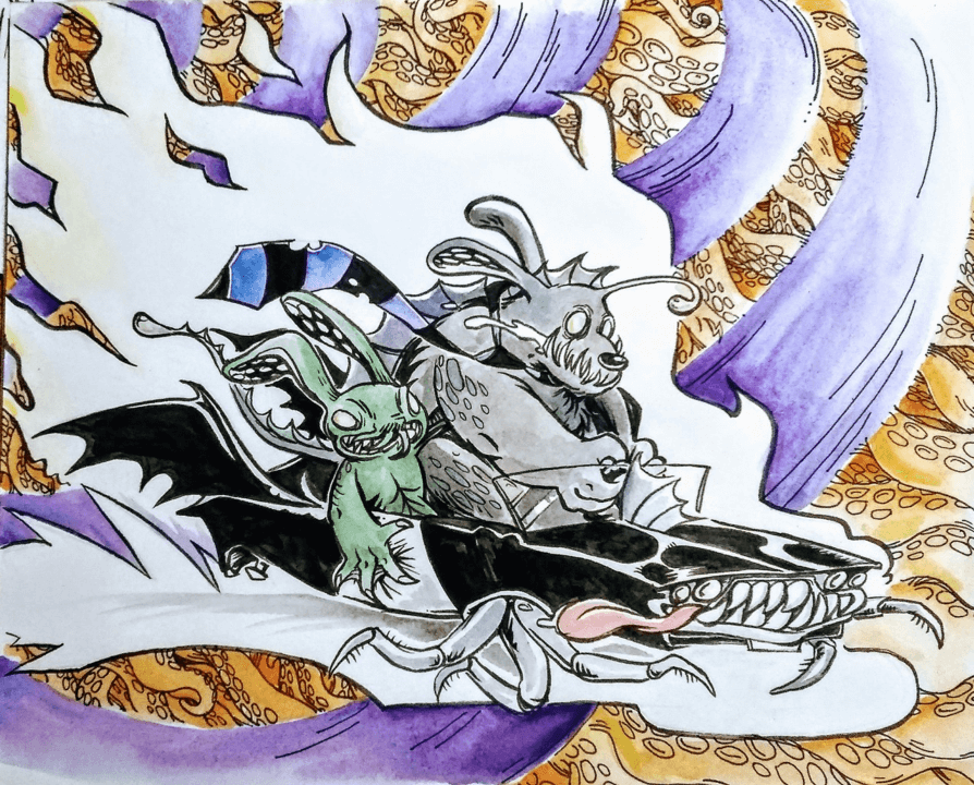 Ink and watercolor drawing of Sam and Max as cosmic horrors, driving the DeSoto which has insect-like legs, teeth, a tongue, and bat wings. Max looks like his Season 3 demon form. Sam is grey and has fins down his back and an anglerfish lure. His tie is tattered and streams behind him. In the background is a flame silhouette against purple and orange swirling tentacles.