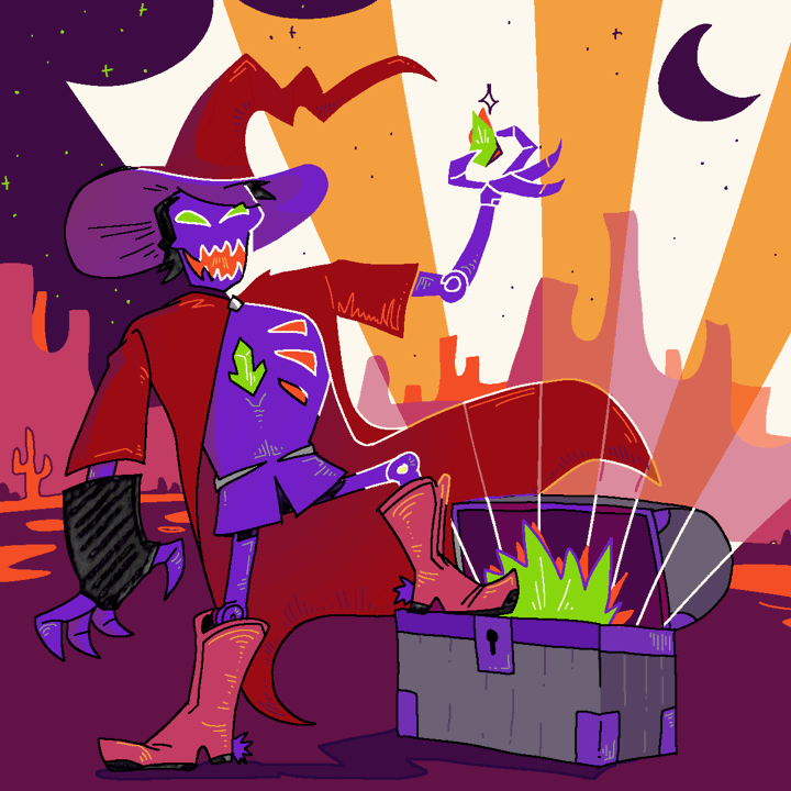Fluorescently colored drawing of a skeleton in a wizard hat and cape, grinning as it holds up a green crystal. One cowboy-booted foot rests on a glowing treasure chest. A night desert landscape is behind. Digital art.