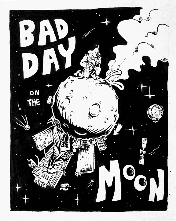 Ink drawing in the style of Sam & Max. Sam kneels in front of a heap of smoking ash on a cartoonishly small moon. On the dark side is a city of tall buildings and an equally tall cockroach. Satellites and stars fly past.