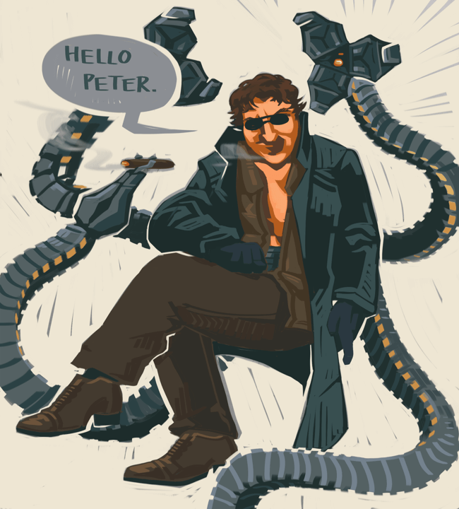 Doc Ock as played by Alfred Molina sits with legs crossed & stares intensely at the viewer, smiling subtly & smoking a cigar held in a tentacle claw. He says: Hello Peter. Rough digital painterly style.
