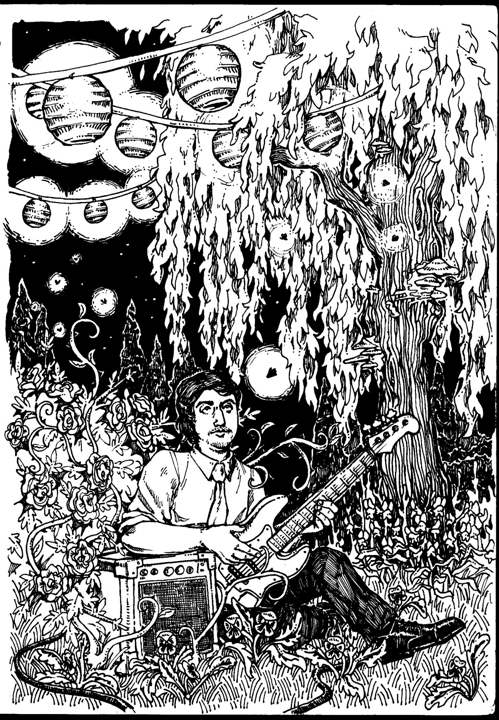 Ink drawing of Zubin Sedghi sitting calmly in a night garden landscape thick with flowers, holding his bass and amp. Above him are fireflies and hanging paper lanterns.
