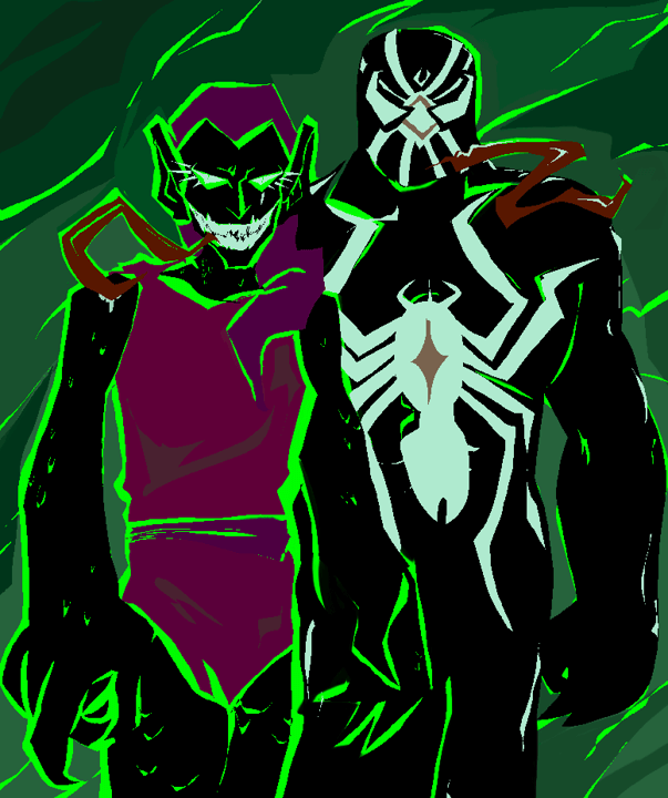Venom and a thinner purple-clad green goblin, infected with the venom symbiote, grin menacingly, backlit by acid green