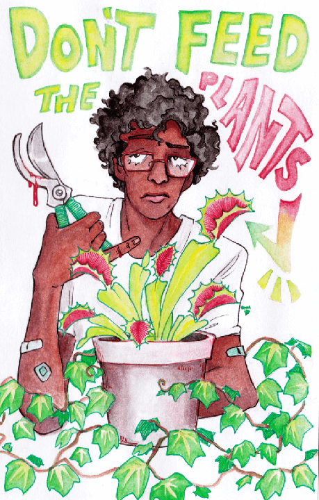 Ink and watercolor. A young man with curly hair and glasses with a Venus Flytrap. Cuts on his fingers suggests he's been feeding it blood.