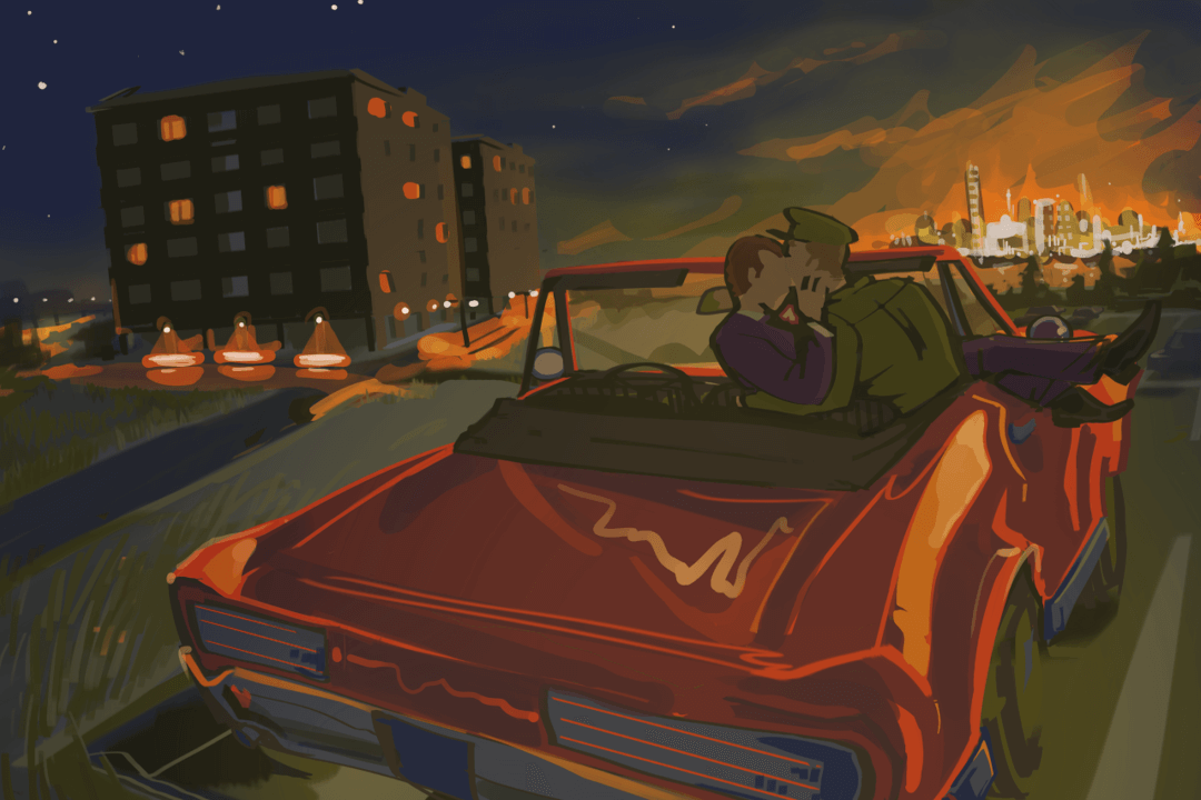 Impressionistic digital painting of aconvertible parked by an apartment building at night. A distant city glows on the horizon, lighting up the clouds. A person in a uniform in the passenger's seat holds a smaller man his lap. Their faces are obscured but they seem to be kissing or sharing a tender moment.