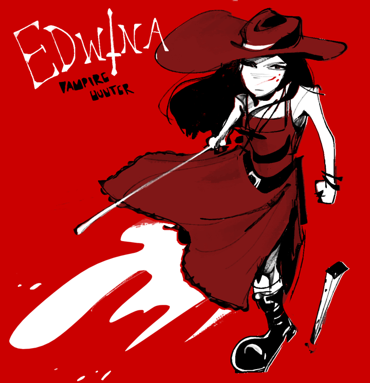 Monochrome digital art of Edwina, a black-haired teenage girl, in a vampire hunter outfit, large hat, holding a staff and stake