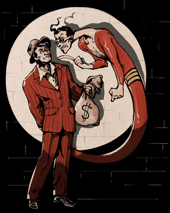 A '40s gangster in pinstripe suit stands caught in a spotlight as Plastic Man gets in his face. In shadow they are connected, the same person.