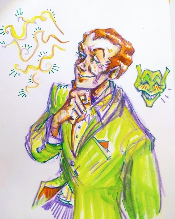 Silver age style watercolor drawing of Harry Osborn, a freckled young redhead in a bright green suit grinning lopsidedly with a hand on his chin