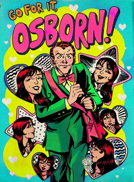 Manga type cover with the title Go For It Osborn! showing a nervous young man in a green suit and pink bowtie, surrounded by images of a grinning redhead in hearts