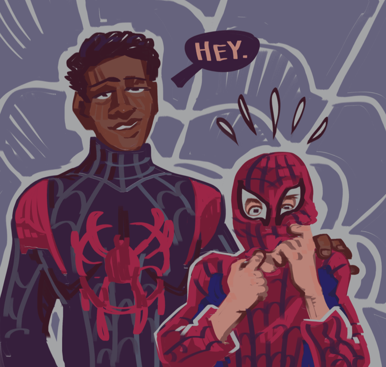 Miles Morales as an adult, saying Hey with his hand on the shoulder of a nervous boy in an ill-fitting spider-man costume