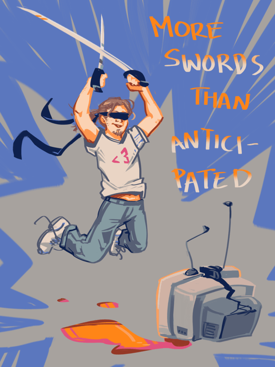 Young white man with his hair in a ponytail, blindfolded, jumping and slashing a TV in two with dual swords.