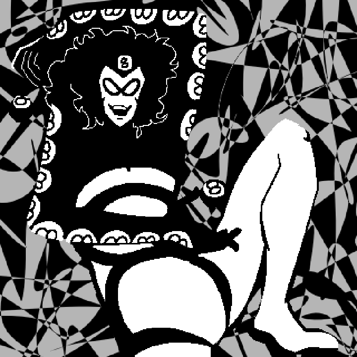 Digital drawing of a supervillain with crazy black hair in a costume with 8-ball patterns down the limbs.