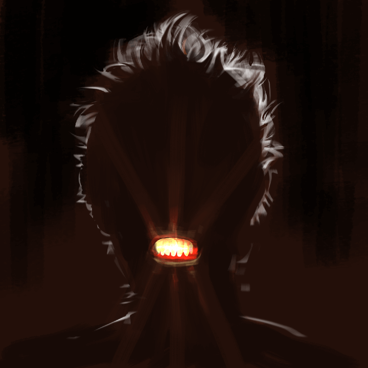 Screenshot redraw of Laurie Anderson, backlit, face in shadow with a light shining from her mouth